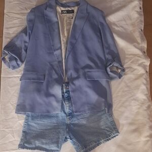 Zara Sky Blue Blazer with Denim Shorts